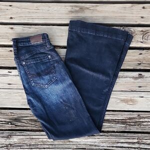 Rank 45 Mid Rise Flare Trouser Dark Wash Blue Denim Jeans 26x32L Dressy Stretch